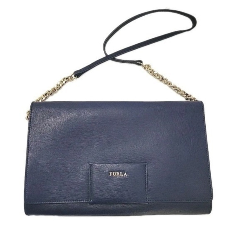 Furla Navy Blue Textured Leather‎ Crossbody Bag Gold Chain Made in Italy